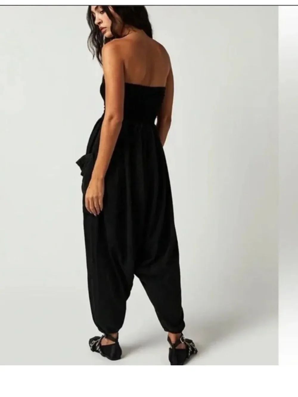 Black Strapless Ruched Bodice Jumpsuit with Side Pockets